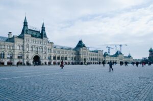 About Historic GUM department store facade at Red Square under a cloudy sky, Moscow, Russia.